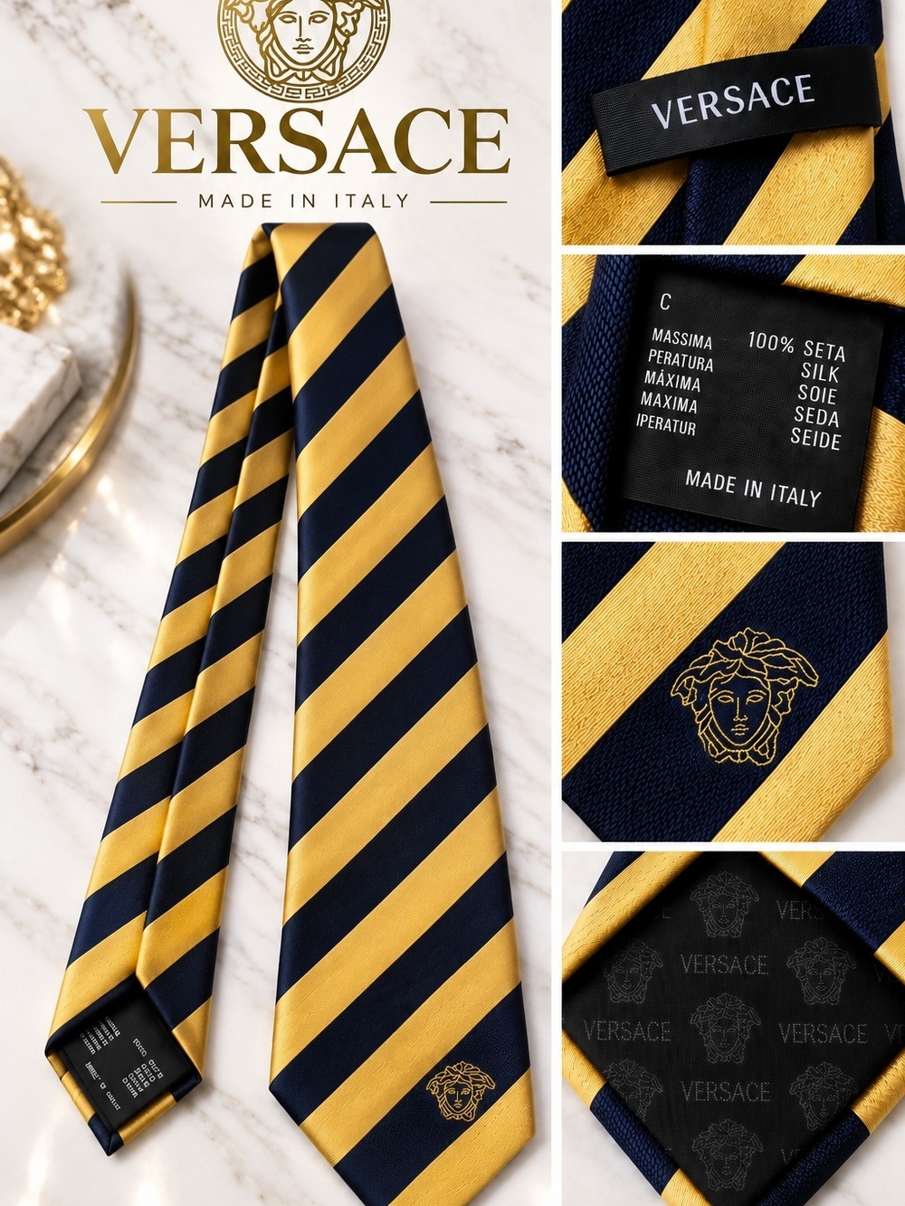 Versace Medusa Men's Silk Tie Navy Blue Gold Striped Made in Italy